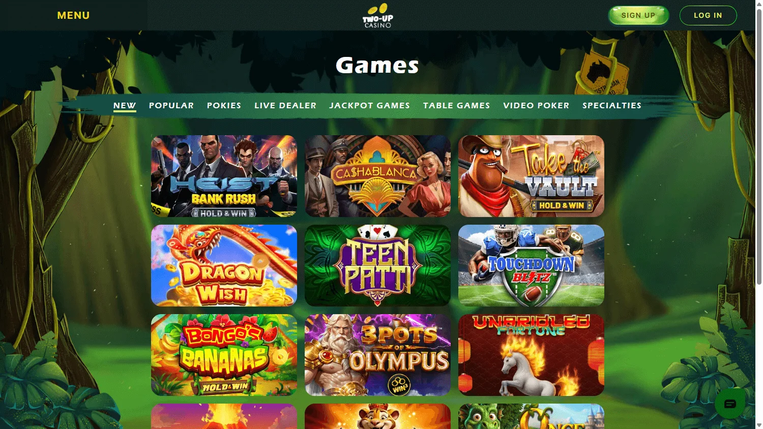 Two Up Casino games interface on desktop