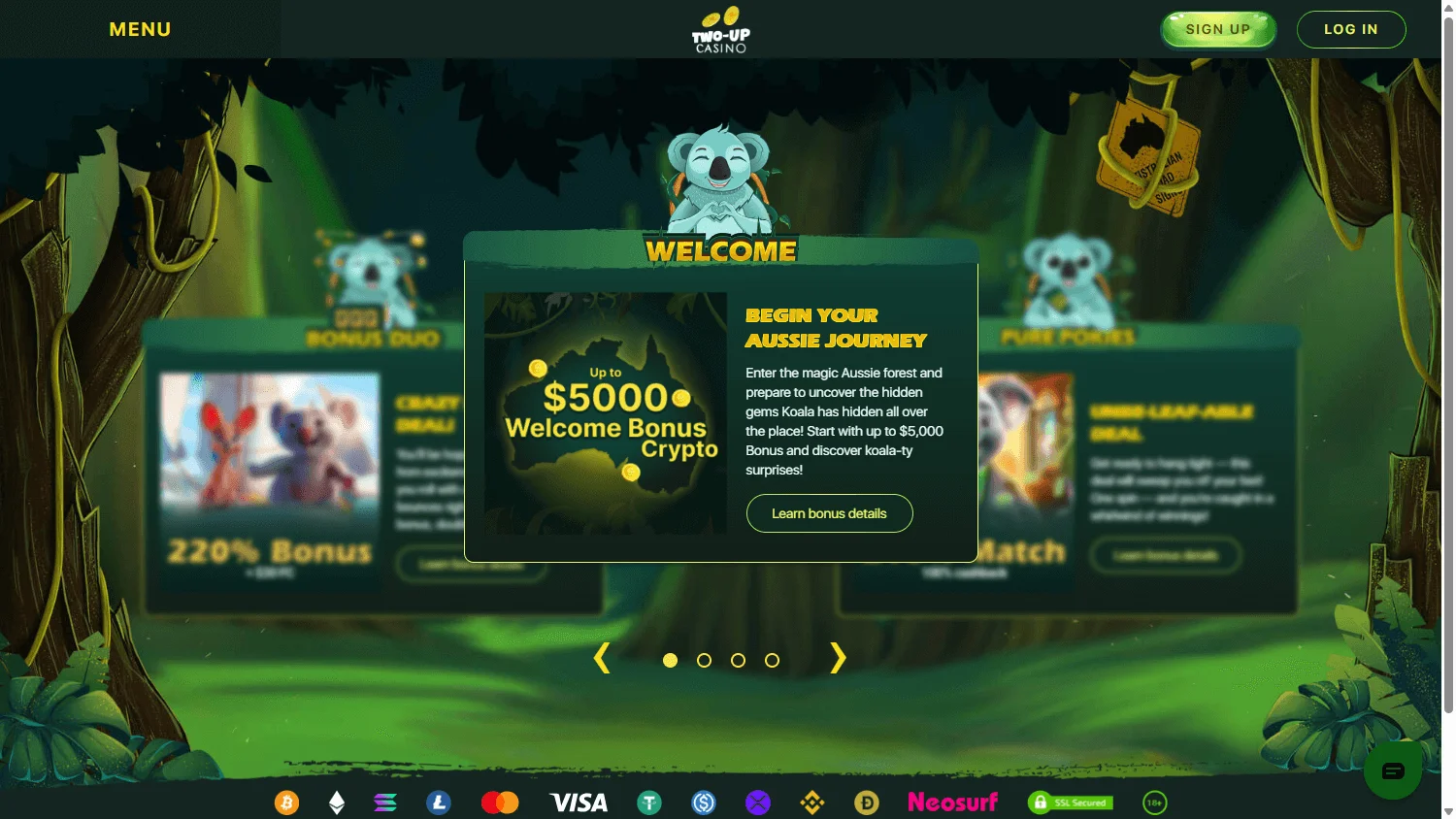 Two Up Casino promotions interface on desktop